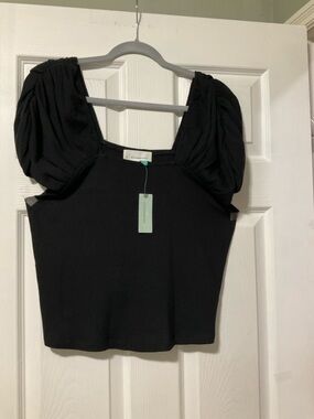 Anthropologie Black Square-Neck Puff-Sleeve Ribbed Crop Top